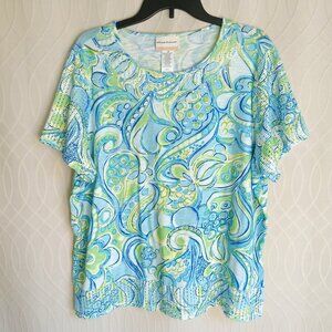 Alfred Dunner Blue Green Multi Short Sleeve Top ~ Size 1X ~ Preowned